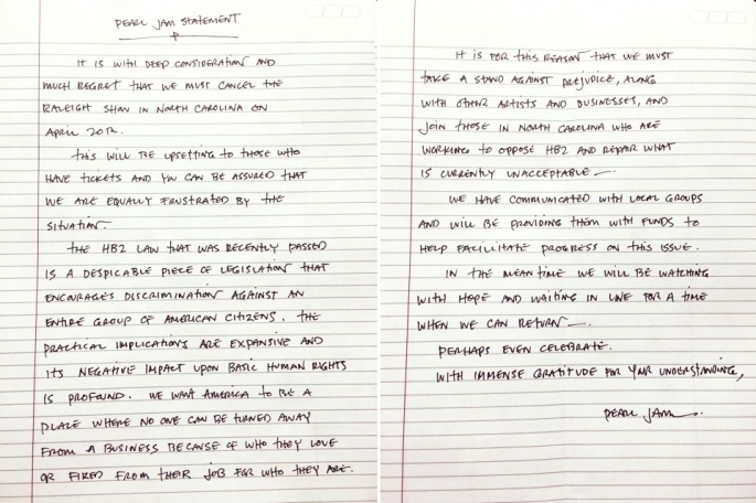 PEarl Jam Statement