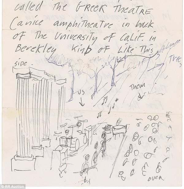 hand written pages including garcias drawings of the greek theatre in berkeley which you can see above jerry wrote the letters to a former vogue model