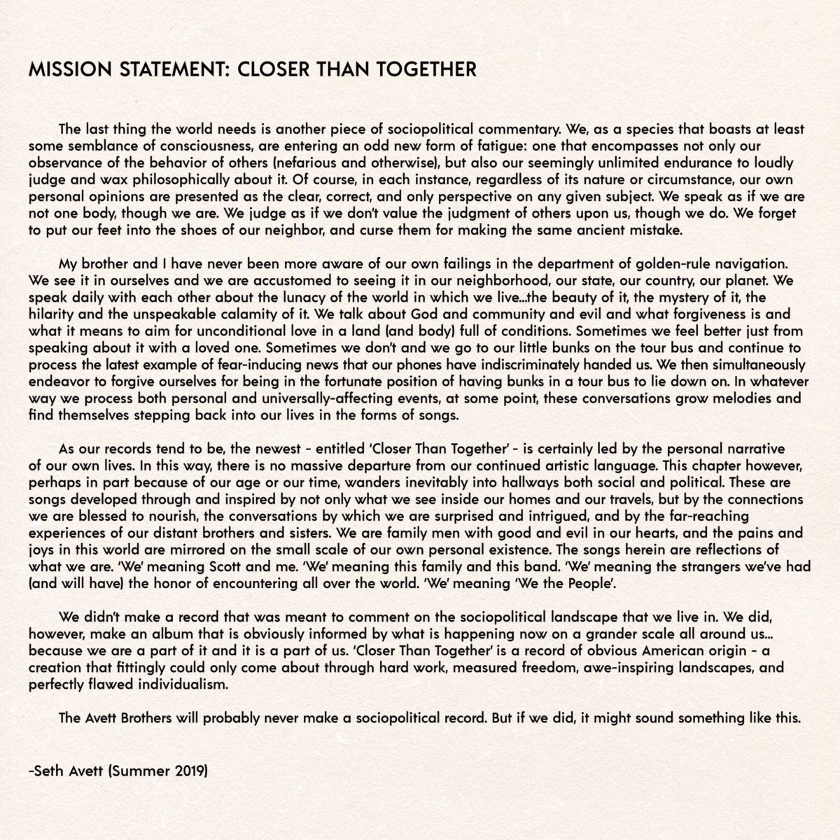 Avett Brothers New Album Statement