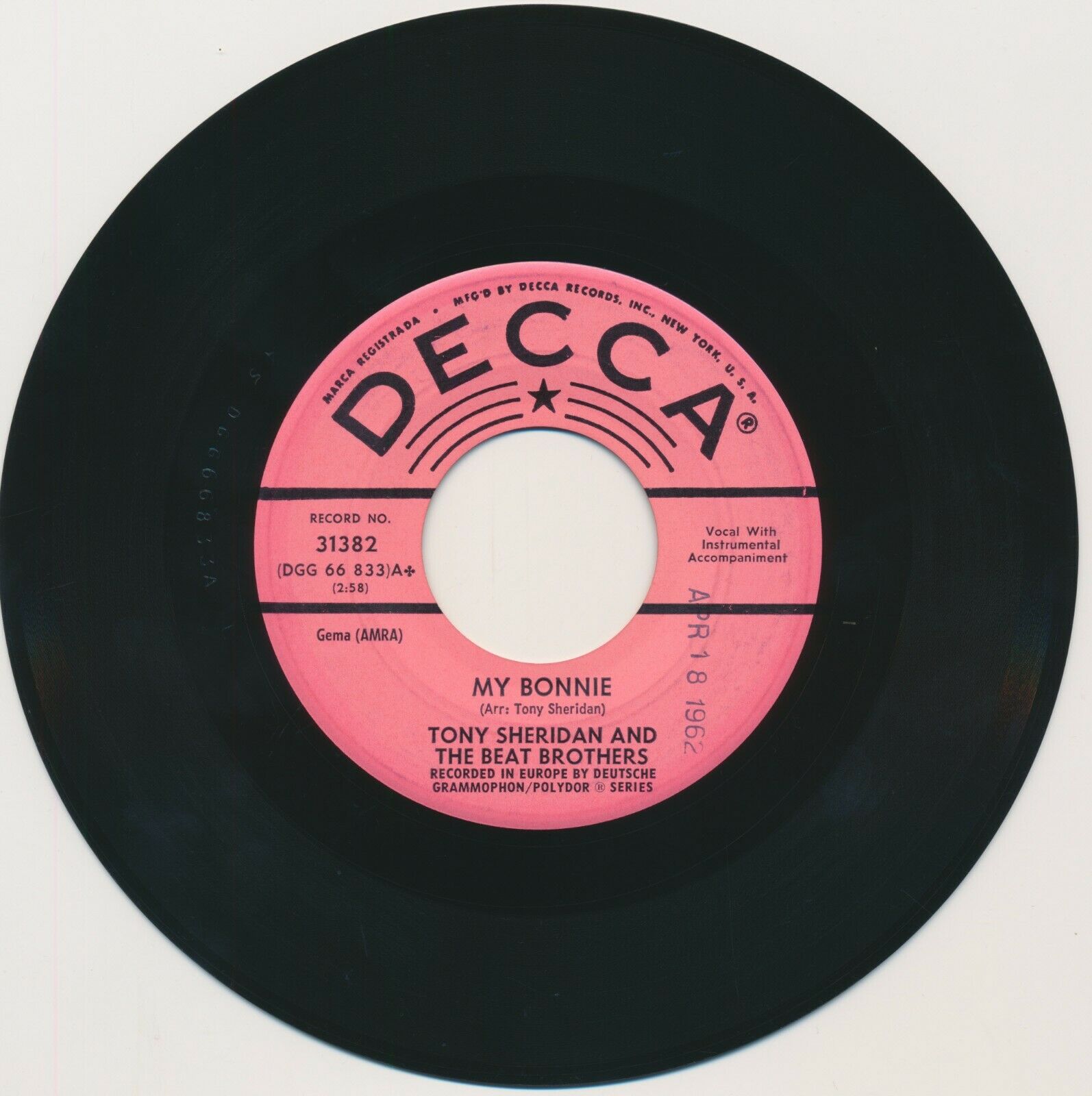 1962 “My Bonnie” Pink Label Decca Records Promo 45