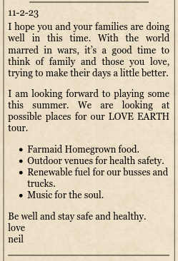 Neil Young Love Earth Tour 2024