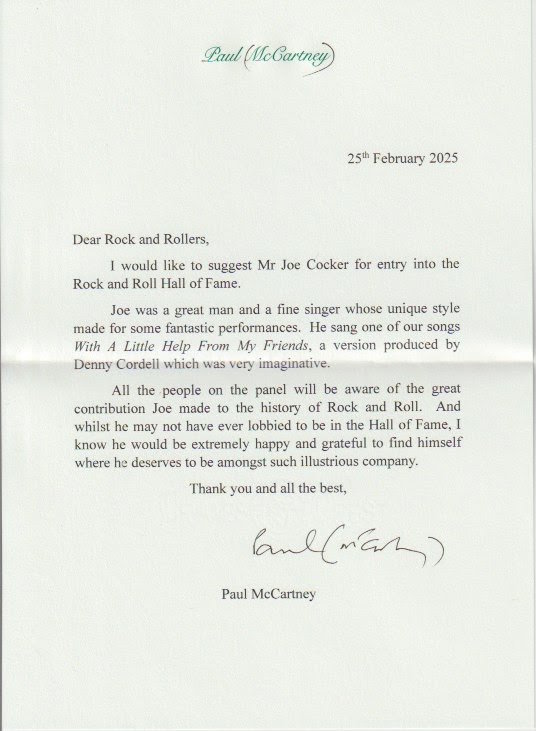 Paul McCartney Joe Cocker Letter